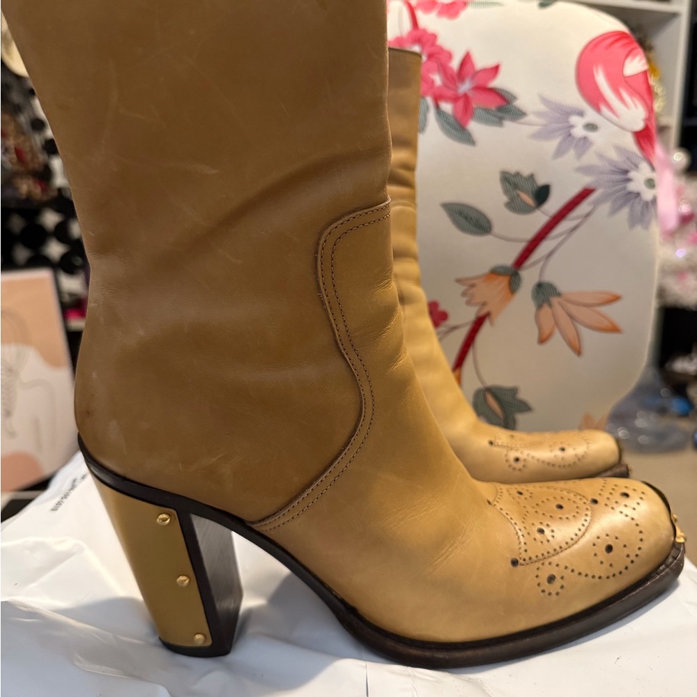 Miu Miu Tan Leather Mid-Calf Heeled Boots with Decorative Perforation - Picture 4 of 5